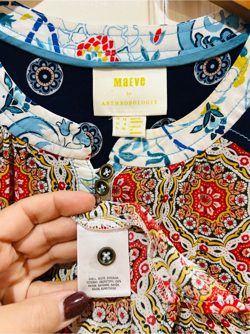 Anthropologie Maeve Mandala Henley Top Boho Maximalist Dopamine Paisley Size 8 - Picture 10 of 10